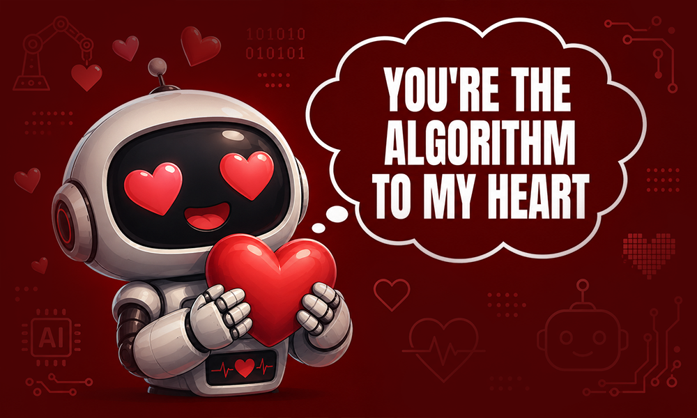 Cute robot pun graphic about love and algorithms by Brand ClickX.