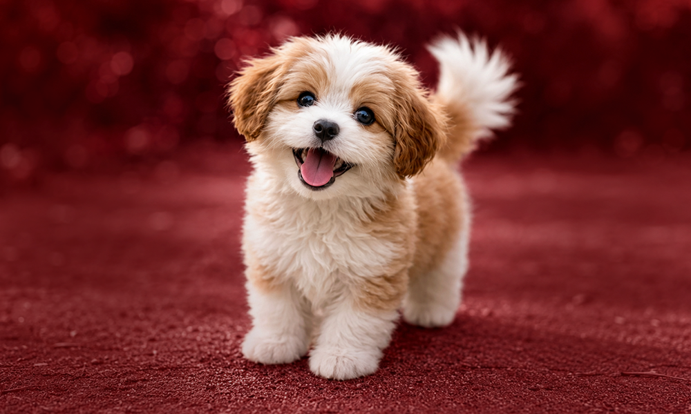 | 200+ Cute Names: Sweet & Adorable Ideas Fluffy puppy standing on a red textured background for pet content