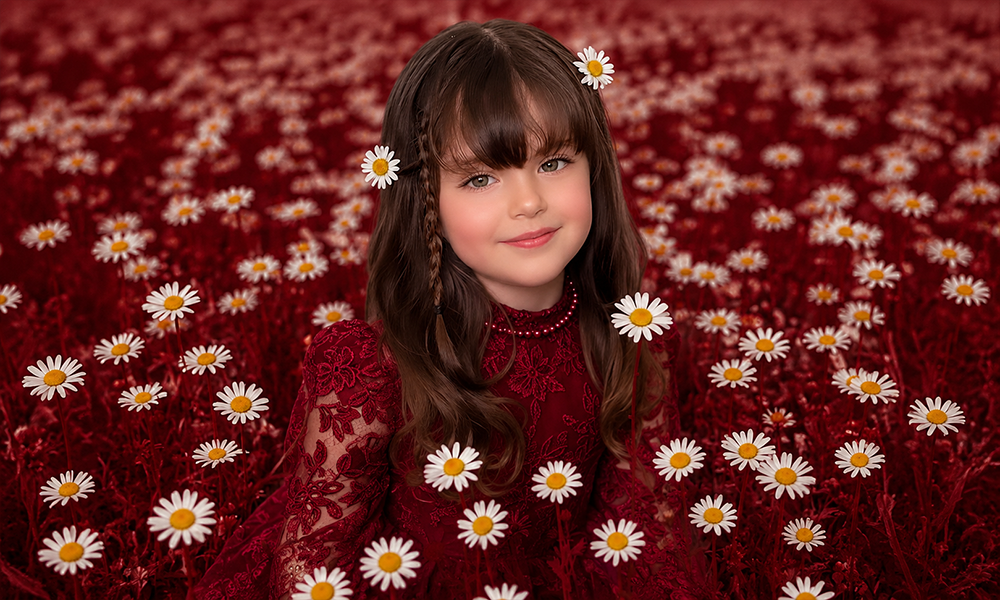 A young girl surrounded by white and yellow flowers against a rich red background.
