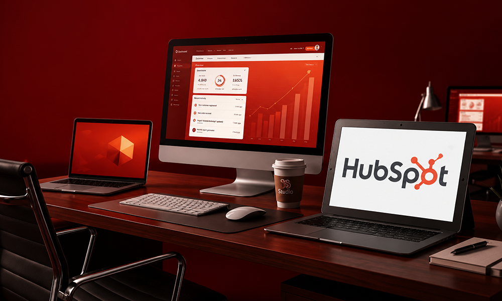 Desk setup featuring HubSpot CRM software on multiple computer screens.