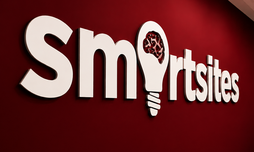 SmartSites logo featuring a lightbulb with a brain inside on a red wall.