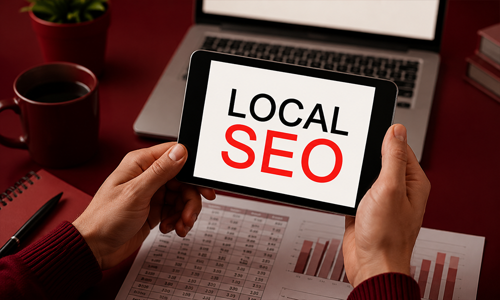 Hands holding a tablet displaying "LOCAL SEO" text on the screen.