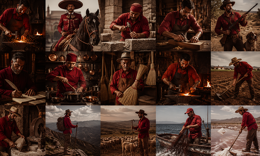 Collage featuring various professions in Mexico, all wearing red shirts.