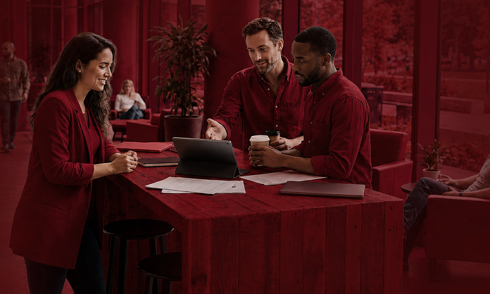 A team collaborating in a professional meeting setting.