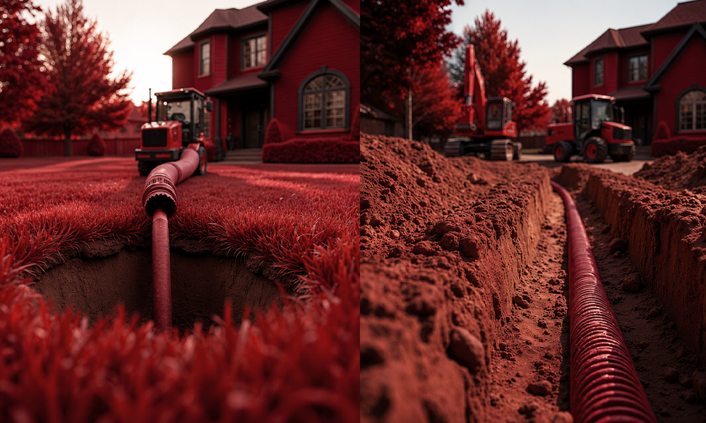 An excavation site showing pipes installed in a narrow trench.