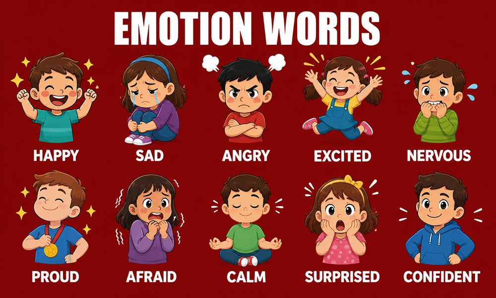 | 500+ General English Words With Meanings & Examples An educational chart displaying various emotion words and characters.