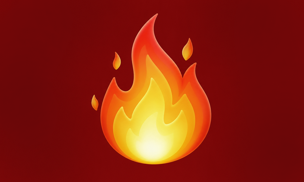 A large fire emoji icon set against a deep red background.
