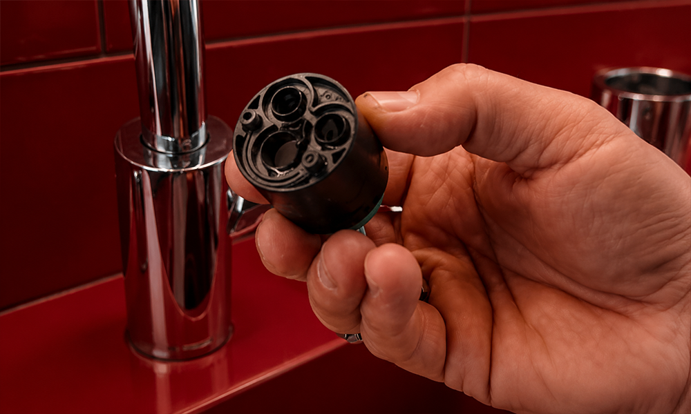 A close-up of hands holding a small plumbing valve component.