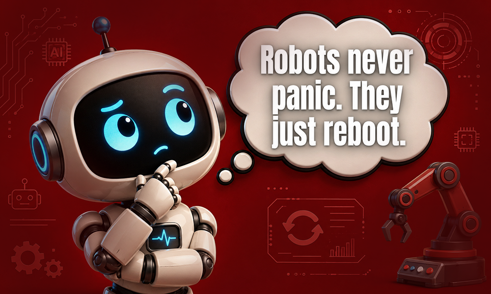 Processing humor robot character graphic by Brand ClickX.