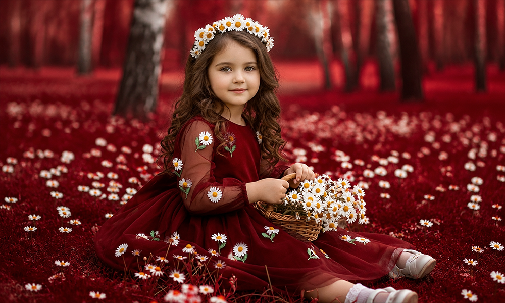 A young girl holding flowers while seated in a red-themed wooded setting.