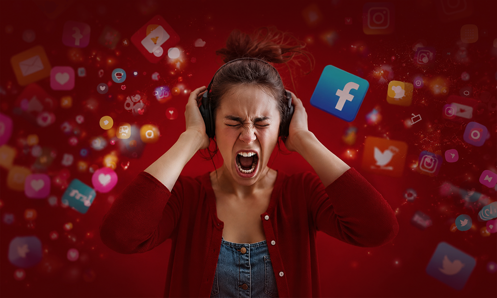 Stressed woman wearing headphones surrounded by social media icons