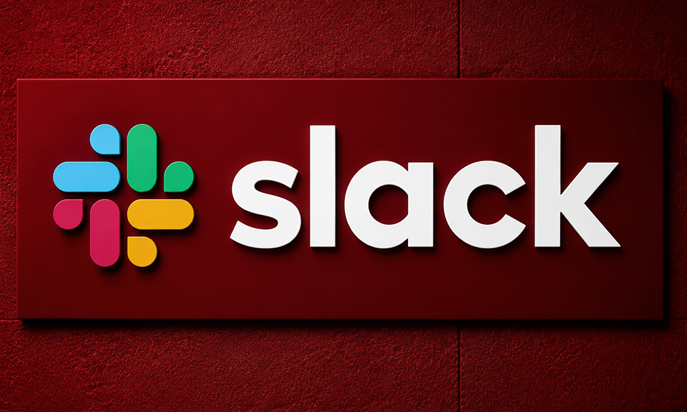 The Slack logo displayed on a textured red background.
