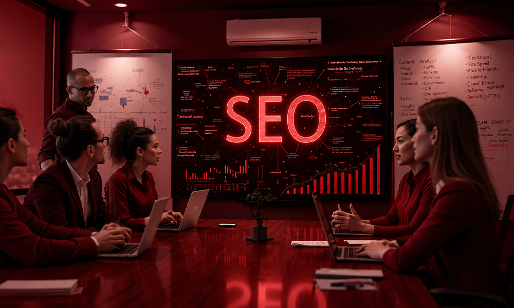 Team in a conference room focusing on an SEO presentation on a screen.