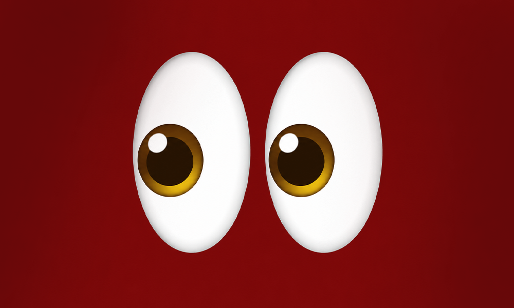 A large eyes emoji icon set against a deep red background.