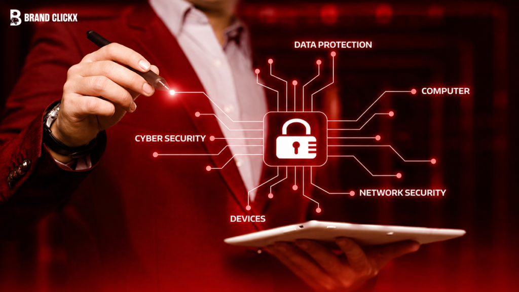 Cybersecurity professional using a tablet with data protection icons