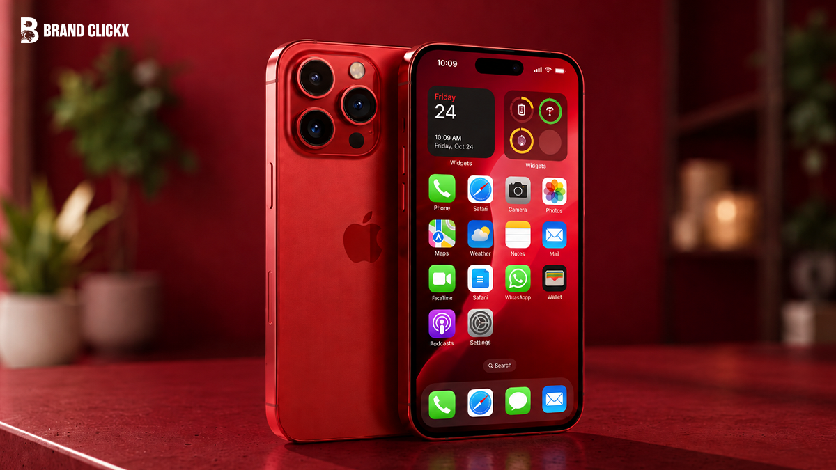red-smartphone-interface-display A red smartphone showing its home screen with the Brand ClickX logo on a deep red background.