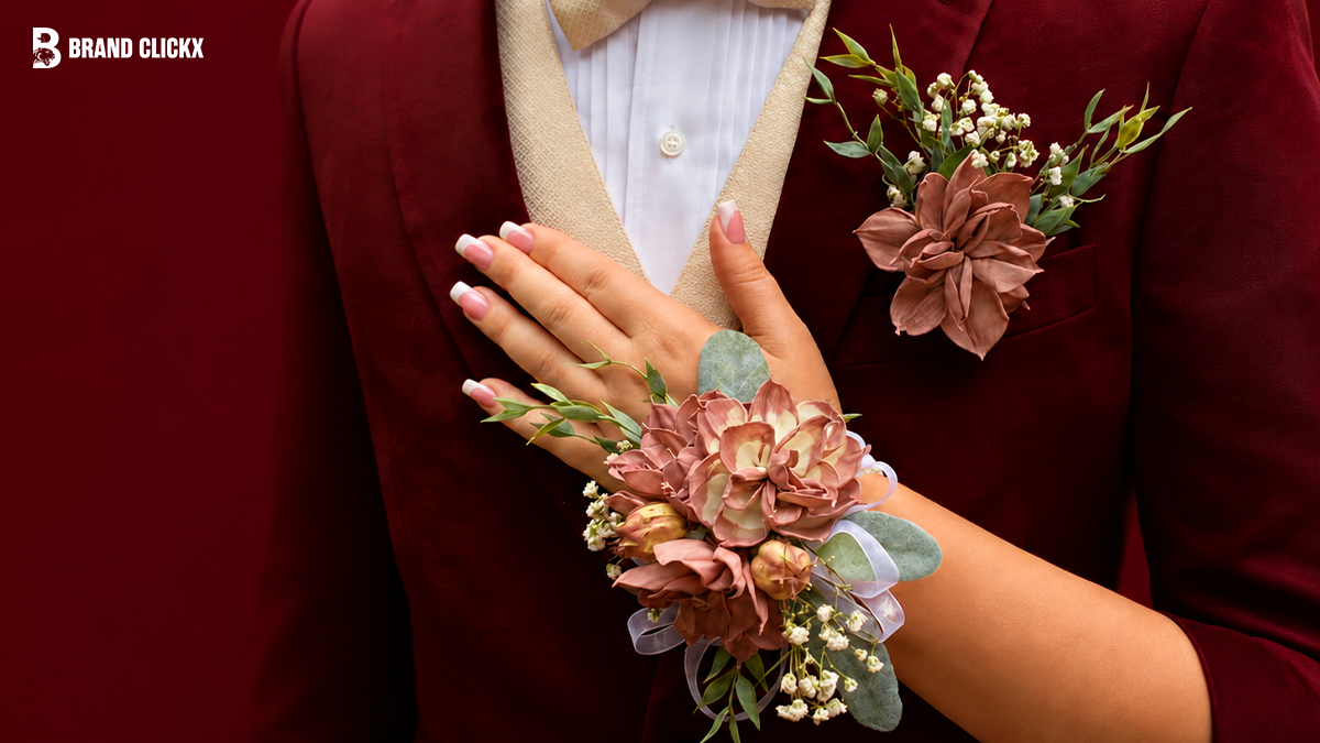 formal-wrist-corsage-detail Close-up of a floral wrist corsage with Brand ClickX branding.