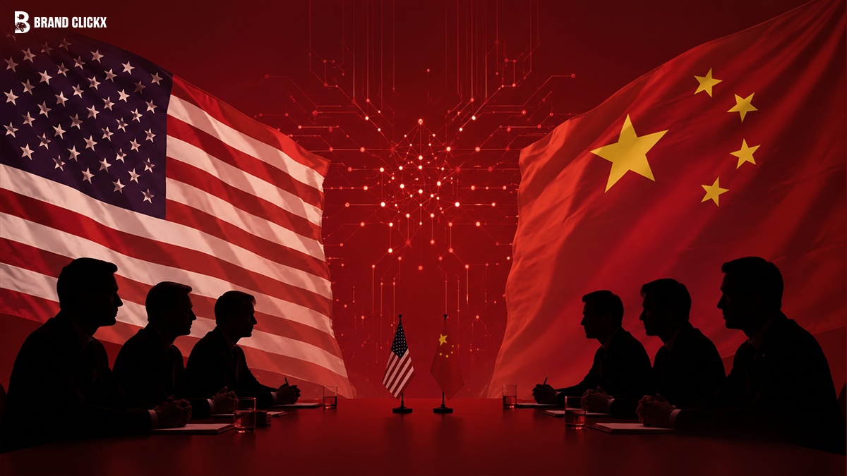 Silhouettes of diplomats sitting at a conference table facing each other with the US and China flags in the background