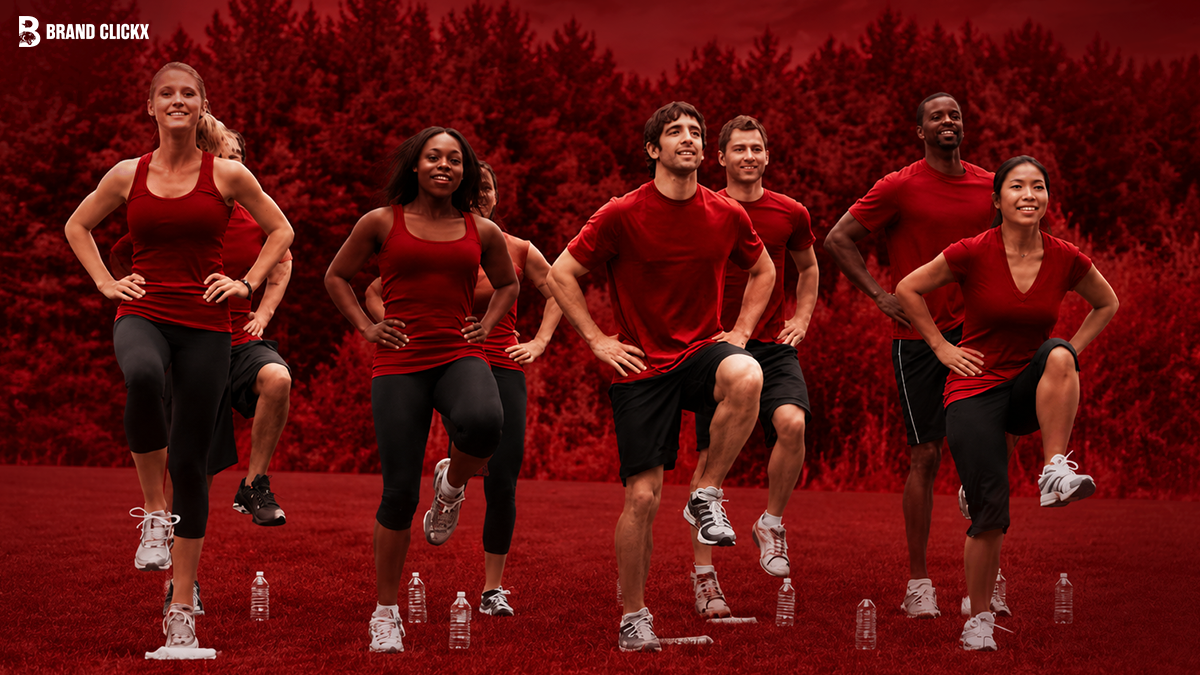 Group of people standing in a line ready for a fitness workout by Brand ClickX.