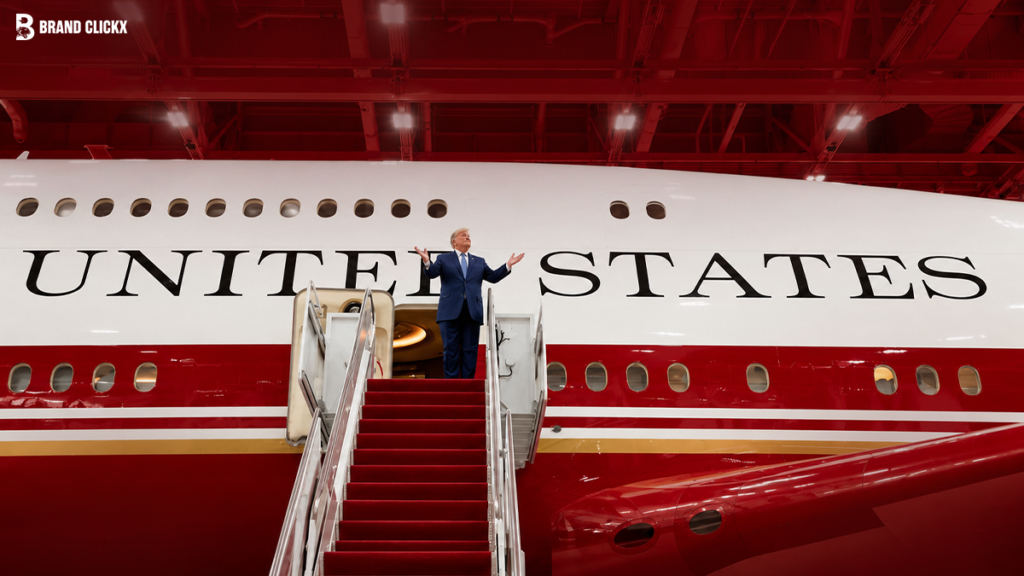 Person standing on the stairs of an official United States aircraft with red and white livery