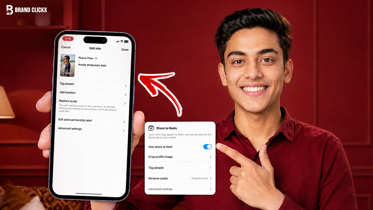 Man holding smartphone displaying Instagram reels editing options with deep red aesthetic by Brand ClickX.