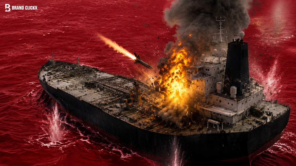 Missile striking a cargo tanker ship on deep red water with explosion by Brand ClickX.