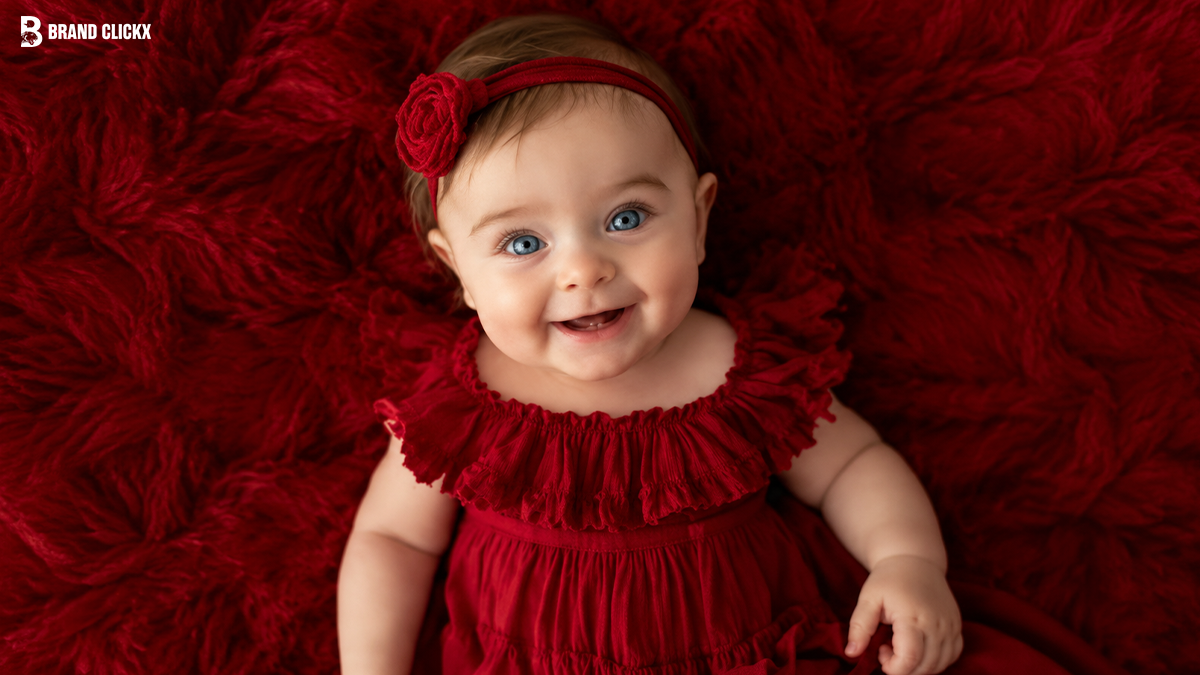 baby-in-red-dress-marketing Cute baby wearing a red dress for creative branding concept