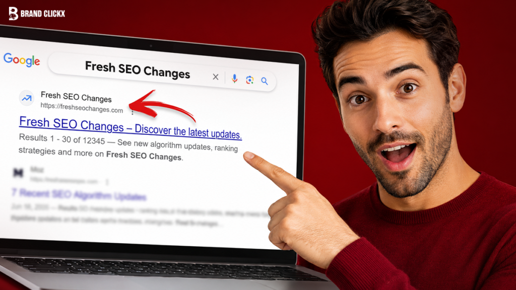Man pointing at a laptop screen displaying a Google search result for Fresh SEO changes and algorithm updates