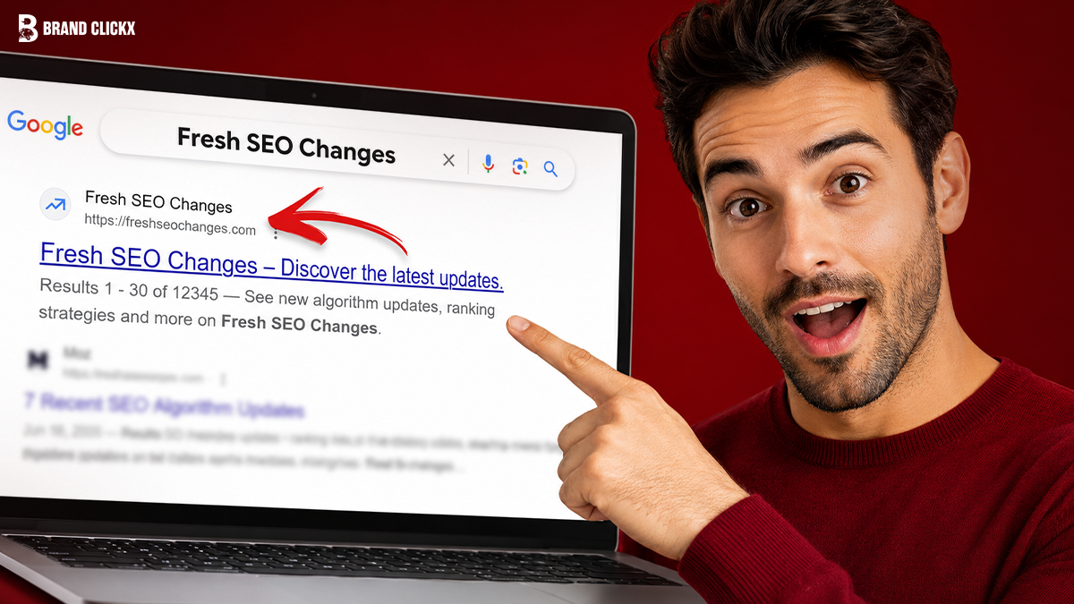 Man pointing at a laptop screen displaying a Google search result for Fresh SEO changes and algorithm updates