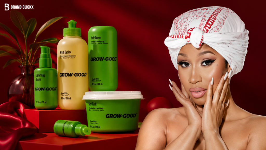 Woman wearing a hair bonnet posing alongside a collection of Grow Good hair care bottles and products on a red background