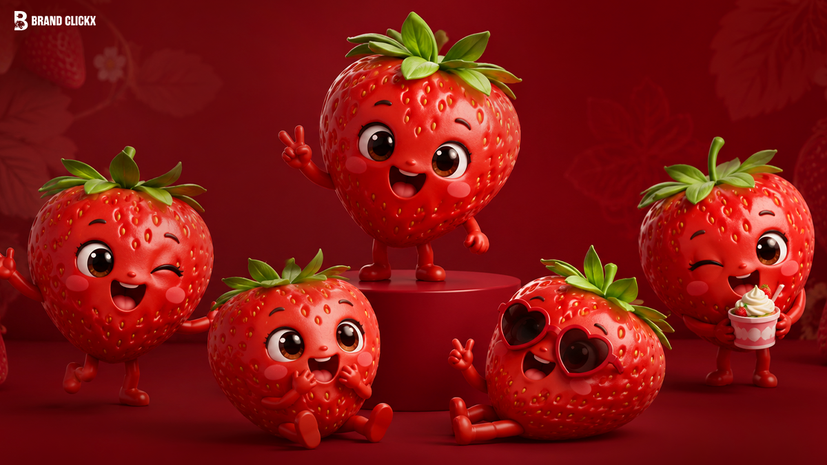 happy-cartoon-strawberry-characters A group of cute, happy cartoon strawberry characters against a deep red background.