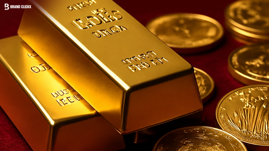 gold-bars-and-coins-collection Stacked gold bars and gold coins with the Brand ClickX logo on a deep red background.