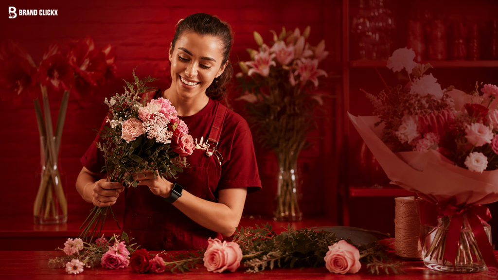professional-florist-creating-bouquet Florist smiling while creating a bouquet for Brand ClickX.