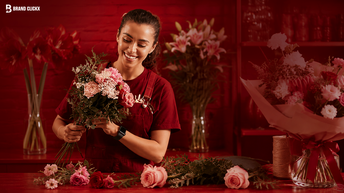 professional-florist-creating-bouquet Florist smiling while creating a bouquet for Brand ClickX.