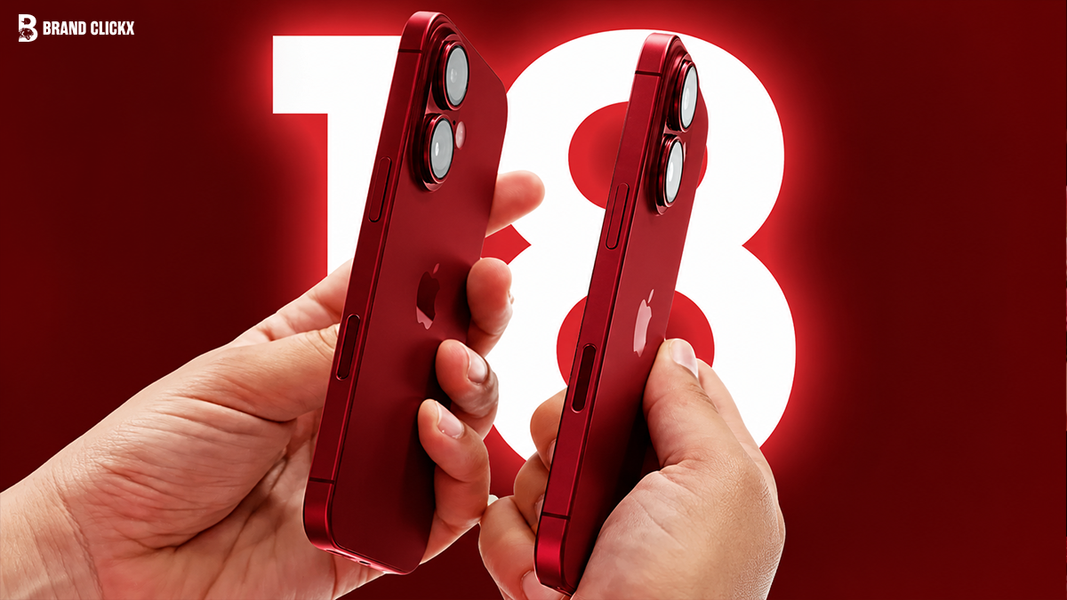 Red smartphone dual camera held by hands with deep red aesthetic by Brand ClickX.