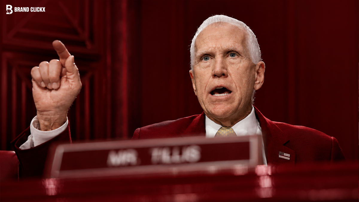Senator Thom Tillis speaking during a congressional hearing with deep red aesthetic by Brand ClickX.