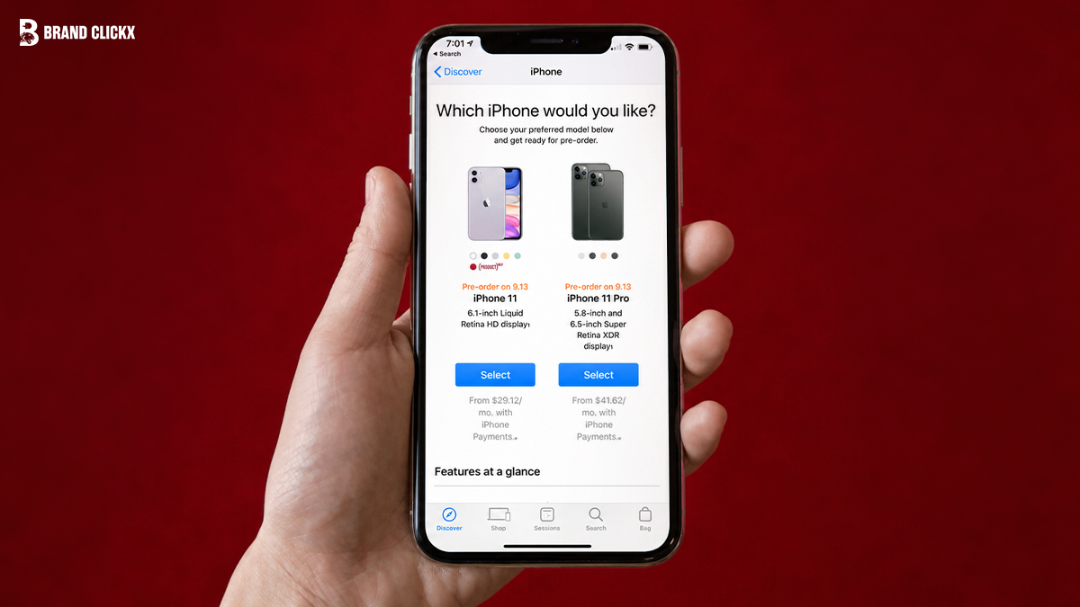 Smartphone displaying iPhone purchase options screen with deep red aesthetic by Brand ClickX.