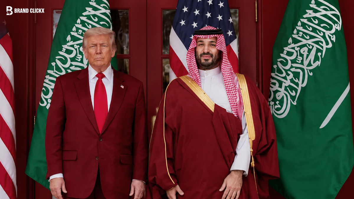Donald Trump and Mohammed bin Salman standing together in front of flags with deep red aesthetic by Brand ClickX.