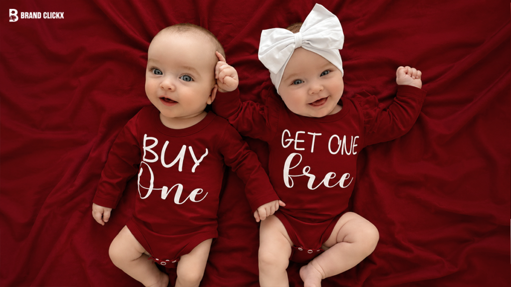 Two cute babies dressed in matching outfits for content marketing concept