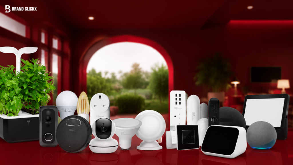 A curated collection of popular smart home devices including speakers, displays, and security cameras arranged on a red surface
