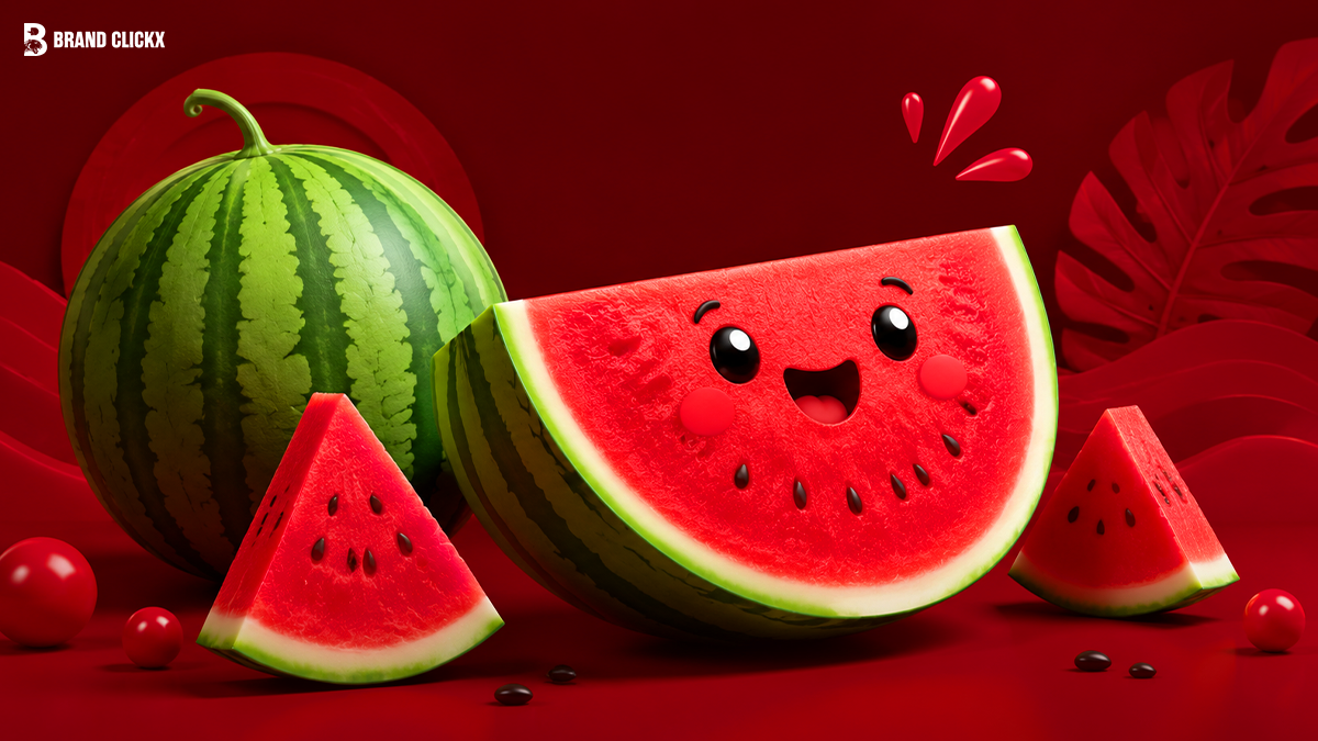 cute-watermelon-character-graphic A happy, cartoon watermelon character against a deep red background.