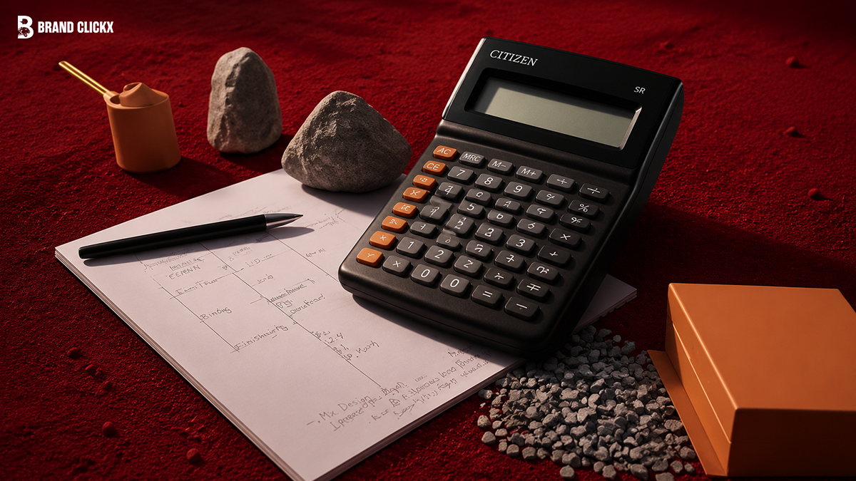 brand-clickx-project-planning-desk Project planning desk setup with calculator by Brand ClickX.