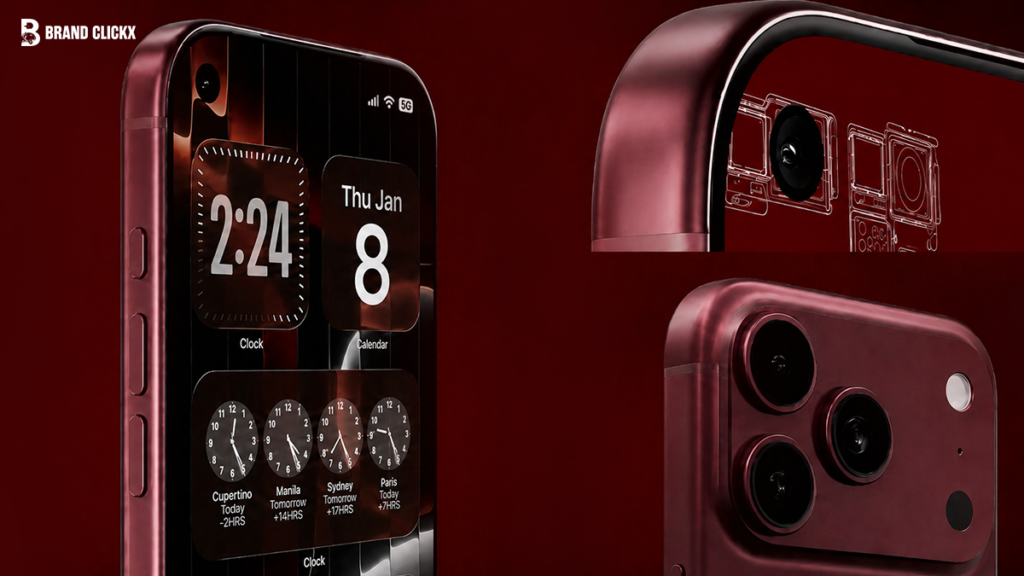 Red smartphone multiple angles and camera close-up with deep red aesthetic by Brand ClickX.