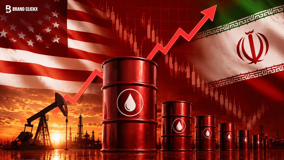 Oil barrels and a rising price graph against the background of the United States and Iran flags