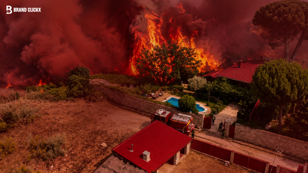 Aerial view of a massive forest wildfire with intense flames and thick smoke threatening residential houses and a swimming pool