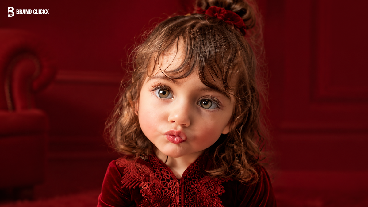 A young girl with light brown hair and hazel eyes puckering her lips in a playful expression, wearing a dark red dress against a matching crimson background with the Brand Clickx logo in the corner.