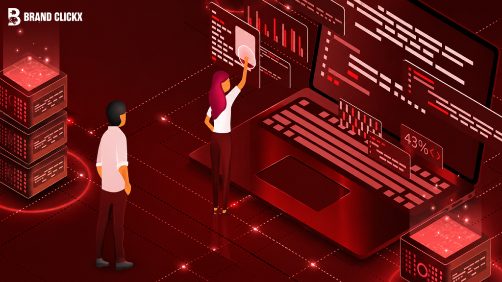 aas-content-strategy-analytics Digital team analyzing SaaS content metrics on a red interface dashboard.