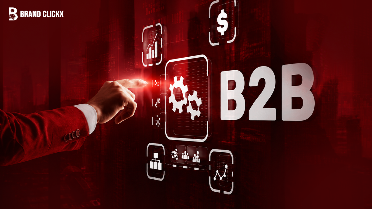 Hand interacting with a B2B digital interface with business icons.
