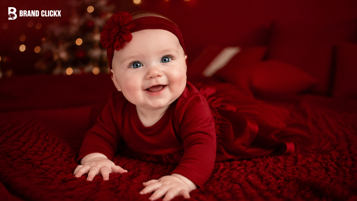 Smiling baby in a red outfit and headband on a soft red blanket.