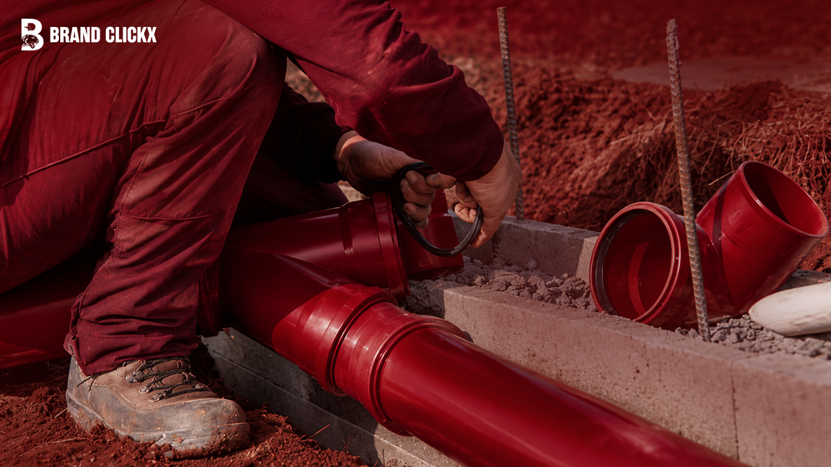 A close-up view of pipe work being installed during construction.